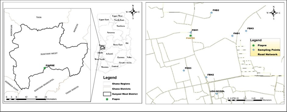 Administrative Map of Fiapre Located in Sunyani Municipal and Various Water Sampling Points.
